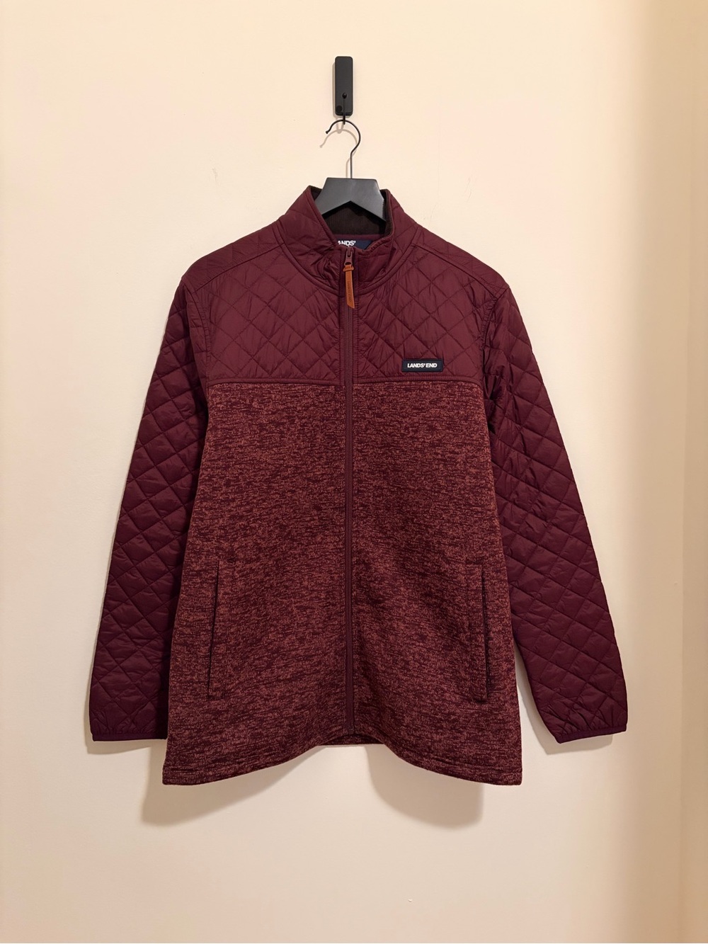 Lands' End Men’s Quilted Maroon Full-Zip Sweater Fleece Jacket